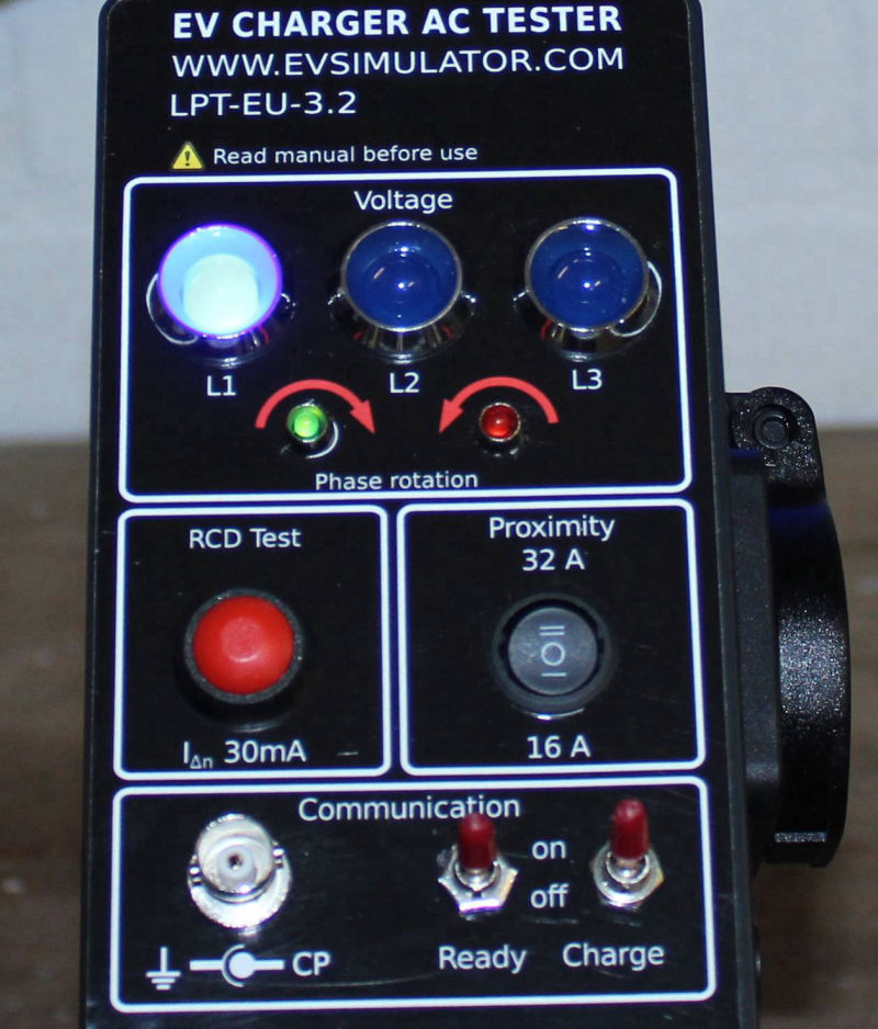 Close-up of EVSE tetser. 1 phase connected