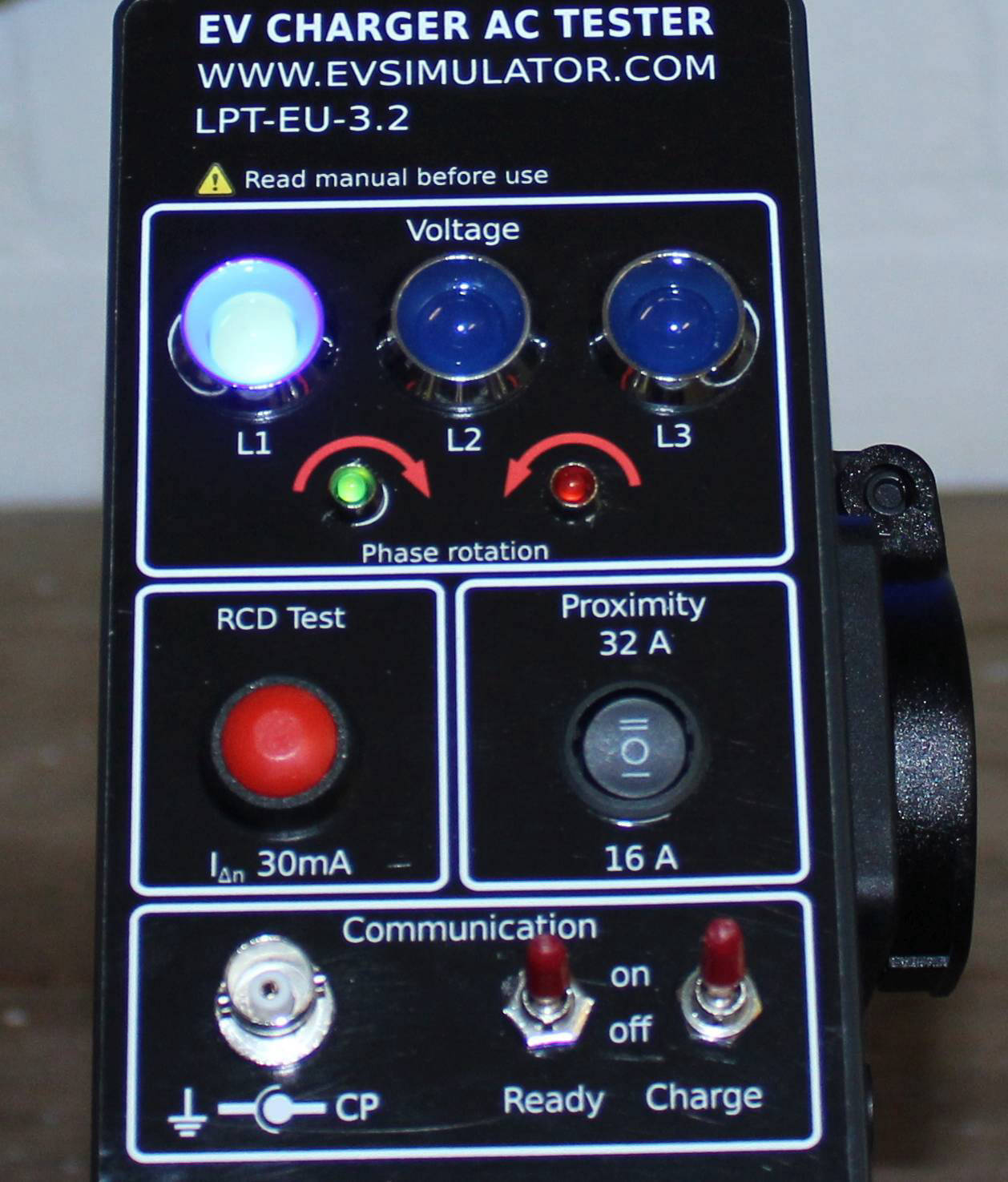 Close-up of EVSE tetser. 1 phase connected