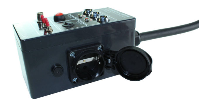 Side view of EVSE Tester showing schuko outlet and fuseholder